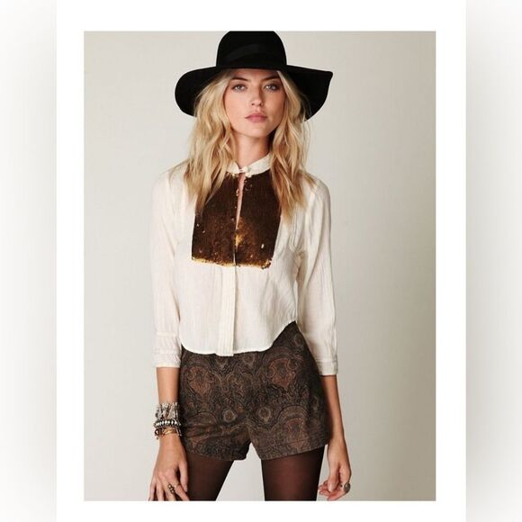 Free People New Romantics Off White Gold Sequin Button Down, Size Small - Picture 1 of 6